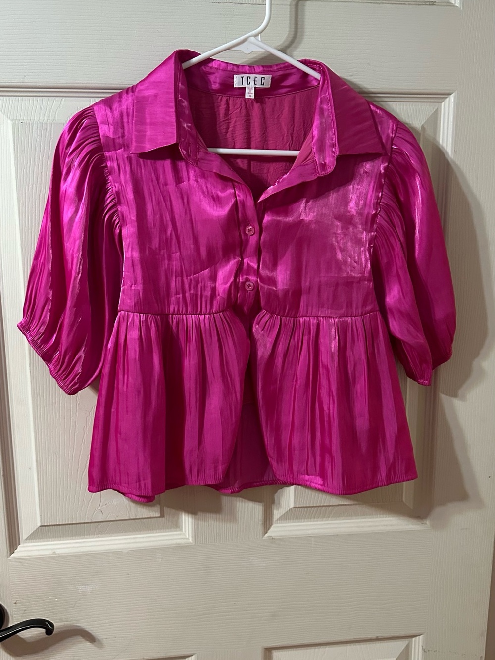 TCEC Shiny Fuchsia Button Front Peplum Blouse